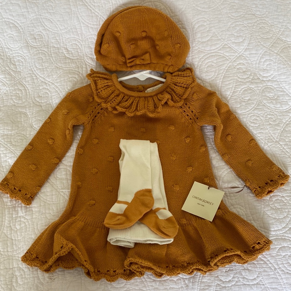 Cynthia Rowley sweater dress with matching hat and tights. Size 6-9 month